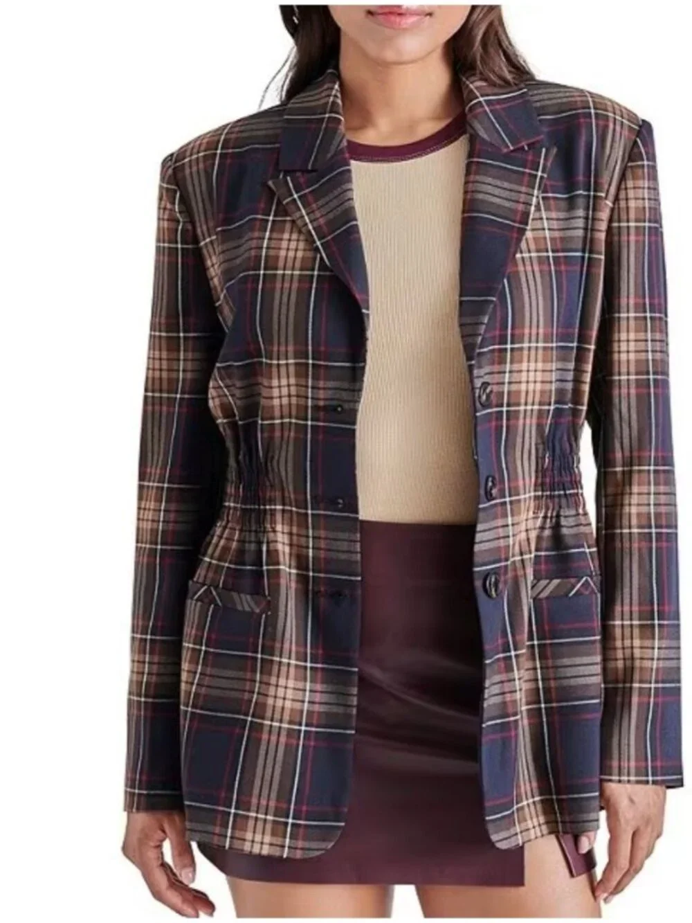 Steve Madden Frida Brown and Navy Plaid Cinched Waist Jacket Size XL NWT